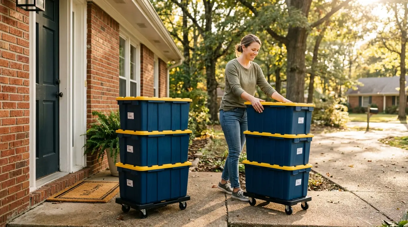Stacks of navy bins with yellow lids on dollies by a front porch