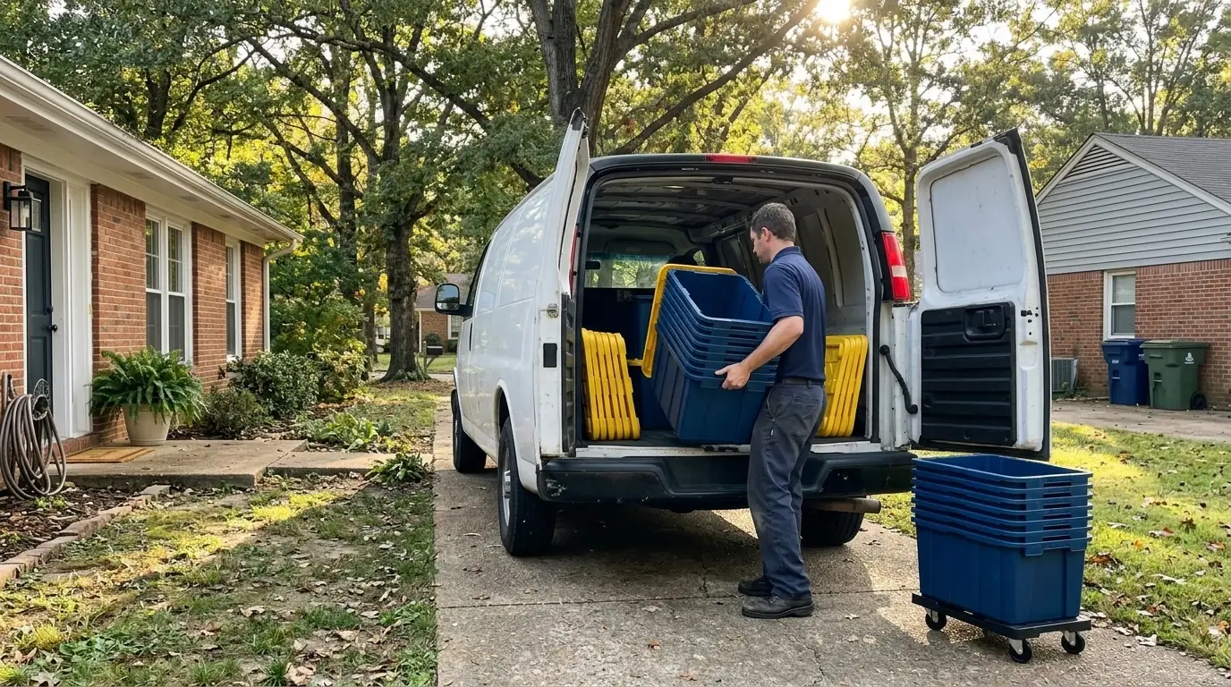 An operator unloading navy bins from a van